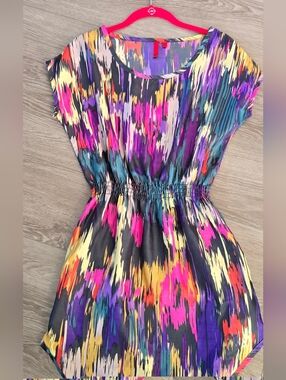 5/48 Multicolor Abstract Print Tunic Dress XS Cinched Waist Bold